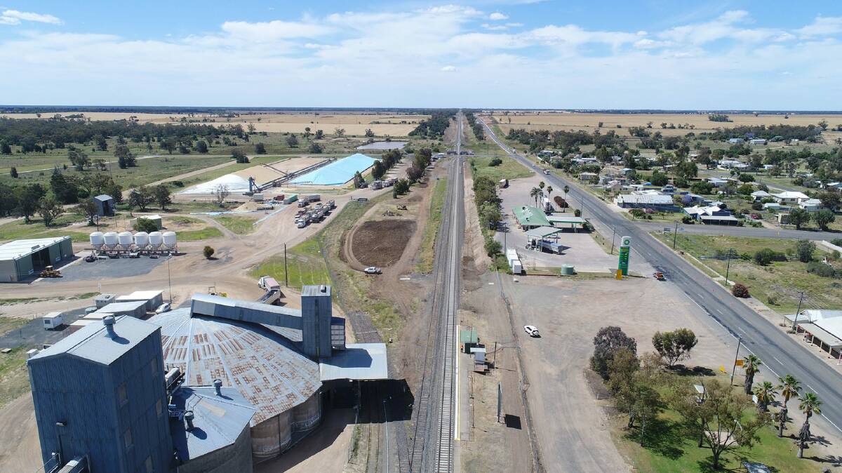 Aerial view showing the upgraded track at Bellata grain silos looking north towards Queensland.