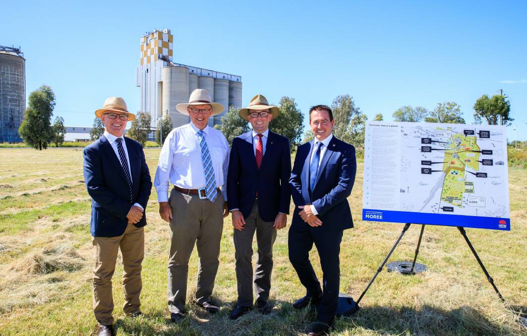 Moree Plains Shire Mayor Mark Jonhson, left, Federal Member for Parkes Mark Coulton, Northern Tablelands MP Adam Marshall and Deputy Premier Paul Toole on the site of the Moree SAP development earlier this year.