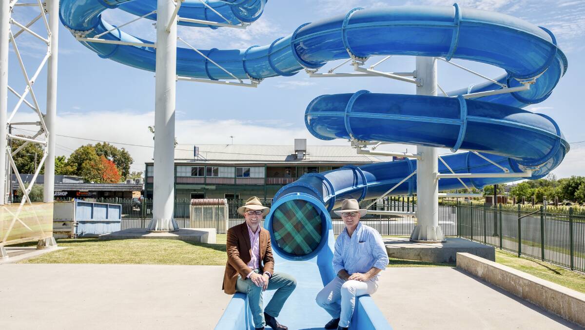 Northern Tablelands MP Adam Marshall and Moree mayor Mark Johnson at the soon-to-be repaired and re-opened Moree water slide.