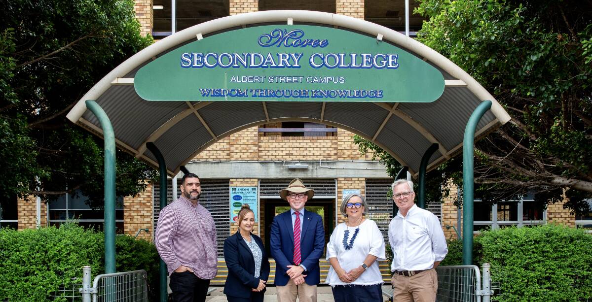 The two campuses of Moree Secondary College will be consolidated onto one site under the new name. Pictured are Moree Aboriginal Education Consultative Group President Jason Brown, left, Moree Secondary College P&C Association President Kelly James, Northern Tablelands MP Adam Marshall, Moree Secondary College Executive Principal Jennifer Bird and Moree Plains Shire Mayor Mark Johnson.