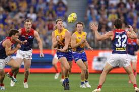 West Coast's Harley Reid (centre) gave the Demons a torrid time when the teams met in Perth in May. (Richard Wainwright/AAP PHOTOS)